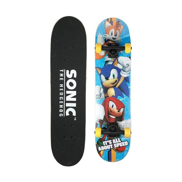 Two skateboards, one black with "Sonic the Hedgehog" written vertically, the other with Sonic characters.